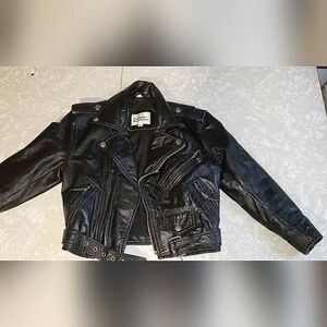 VINTAGE Black Leather Biker Jacket For Kids
